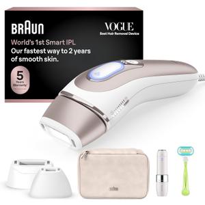 Braun IPL Skin iExpert, at Home Laser Hair Removal, Permanent Visible Hair Reduction, with Free App, Smart IPL, Vanity Case, Venus Razor, 2 Smart Heads, Facial Trimmer, PL7219 (White/Bronze New)
