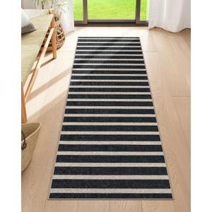 Lahome Elance Striped Easy Jute Kitchen Runner, 2x6 Washable Rug Runners for Hallways Non Slip Entryway Rug, Farmhouse Neutral Indoor Outdoor Black Carpet for Laundry Room Front Porch