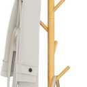 Wooden Coat Rack Freestanding with Round Base, Adjustable 4 Heights Sturdy Coat Hanger Stand 9 Hooks for Hanging Bags, Hats, Save Space Coat Tree for Narrow Place, Entryway, Bedroom, Office (Natural)