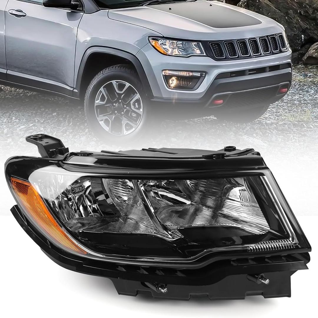 Huray Right Headlight Assembly for Jeep Compass 2017 2018 2019 2020 2021 [Only for Halogen Type] [With Blubs] [Plug & Play] OE Head Lamp Replacement Passenger Side 55112706AC
