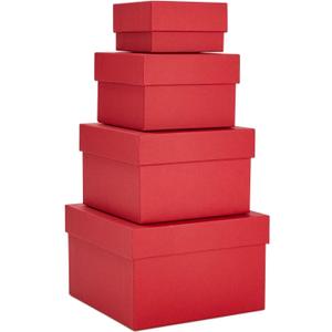 Stockroom Plus Red Gift Box Set - 4 Square Nesting Containers, 6.5x6.5x4 to 3.5x3.5x2 in - Lidded Gift & Storage Containers, Stackable Space-Saving Design