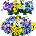 QIANYUN 12 Bundles Artificial Flowers Outdoor UV Resistant Artificial Pansies Faux Plastic Flower in Bulk Fake Outdoor Plants (12, White/Purple/Blue/Yellow)