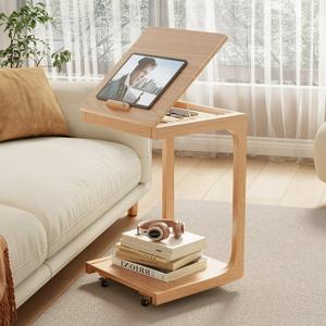 C Shaped Table for Couch, C Table with Wheels,Wooden Couch Table Adjustable Desktop for Living Room,Bedroom - Natural Color