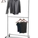 Simple Trending Double Rod Clothing Garment Rack, Rolling Clothes Organizer on Wheels for Hanging Clothes, Chrome