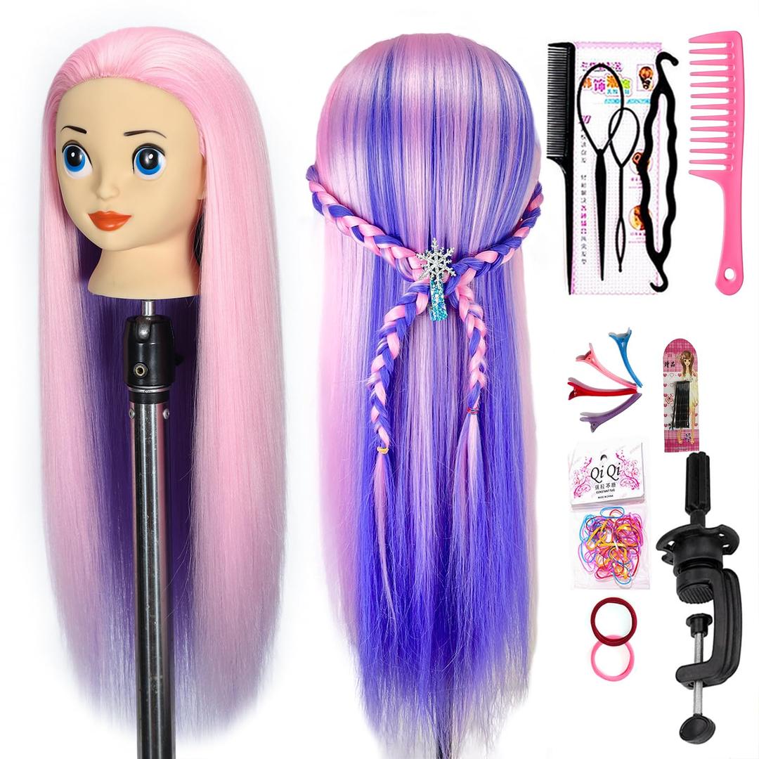 Mannequin Head with 26 inch Long Synthetic Fiber Colorful Hair Styling Training Head Manikin Cosmetology Doll Head Hairdressing Training Model for Cutting Braiding Practice and Free Clamp Holder (Pink Purple)
