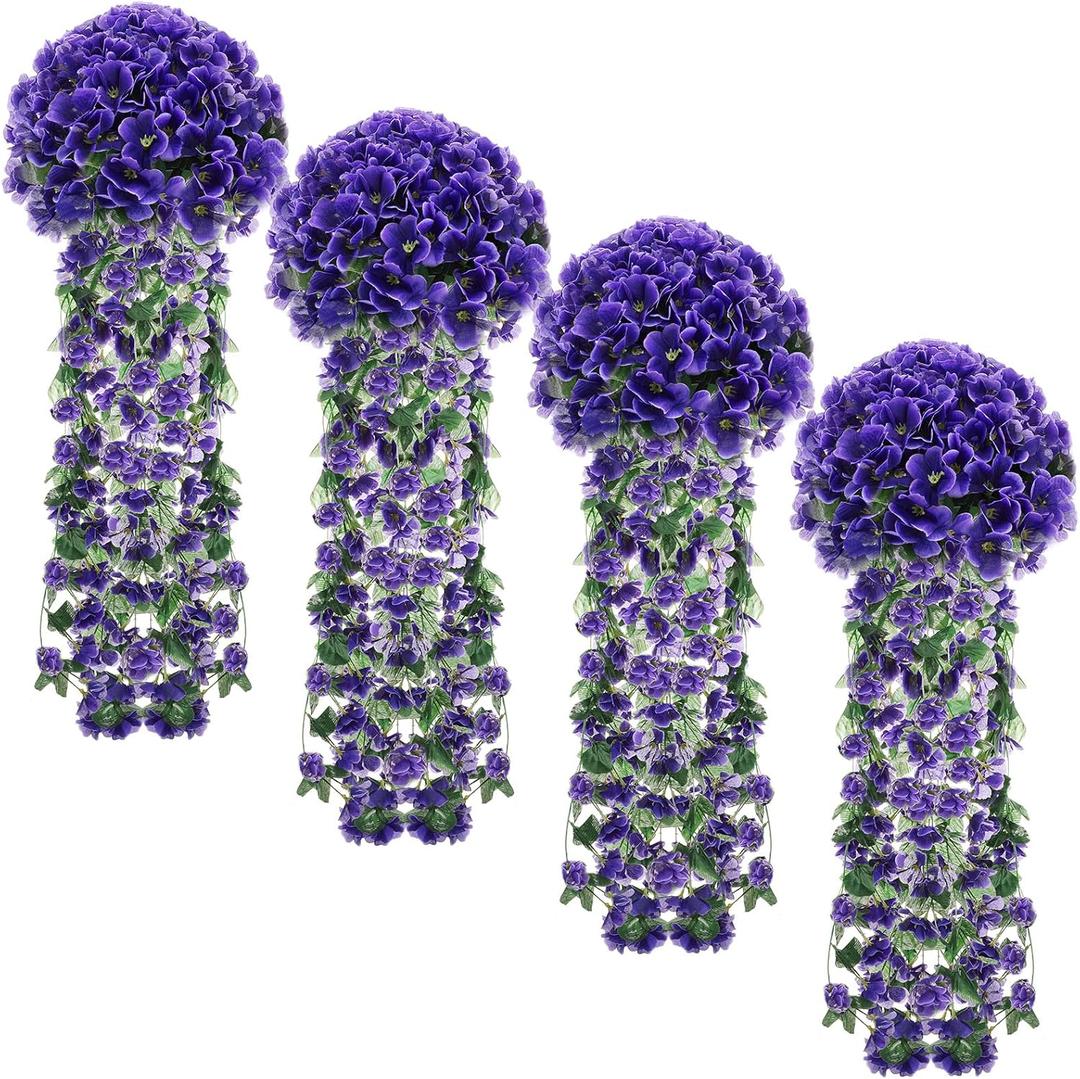 XunYee 4 Pack Artificial Hanging Flowers for Outdoor Violet Fake Hanging Plant 5 Petal Silk Violet Simulation Plant Royal Faux Artificial Flowers for Wedding Home Garden Indoor Spring Decor(Purple)