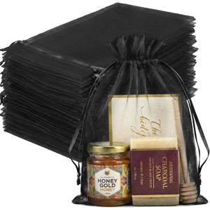 FUNFERY 100 Pcs Black Organza Bags 6.5x9 in, Small Mesh Drawstring Gift Bags for Sachet, Jewelry, Candy, Wedding Favor, Easter Day