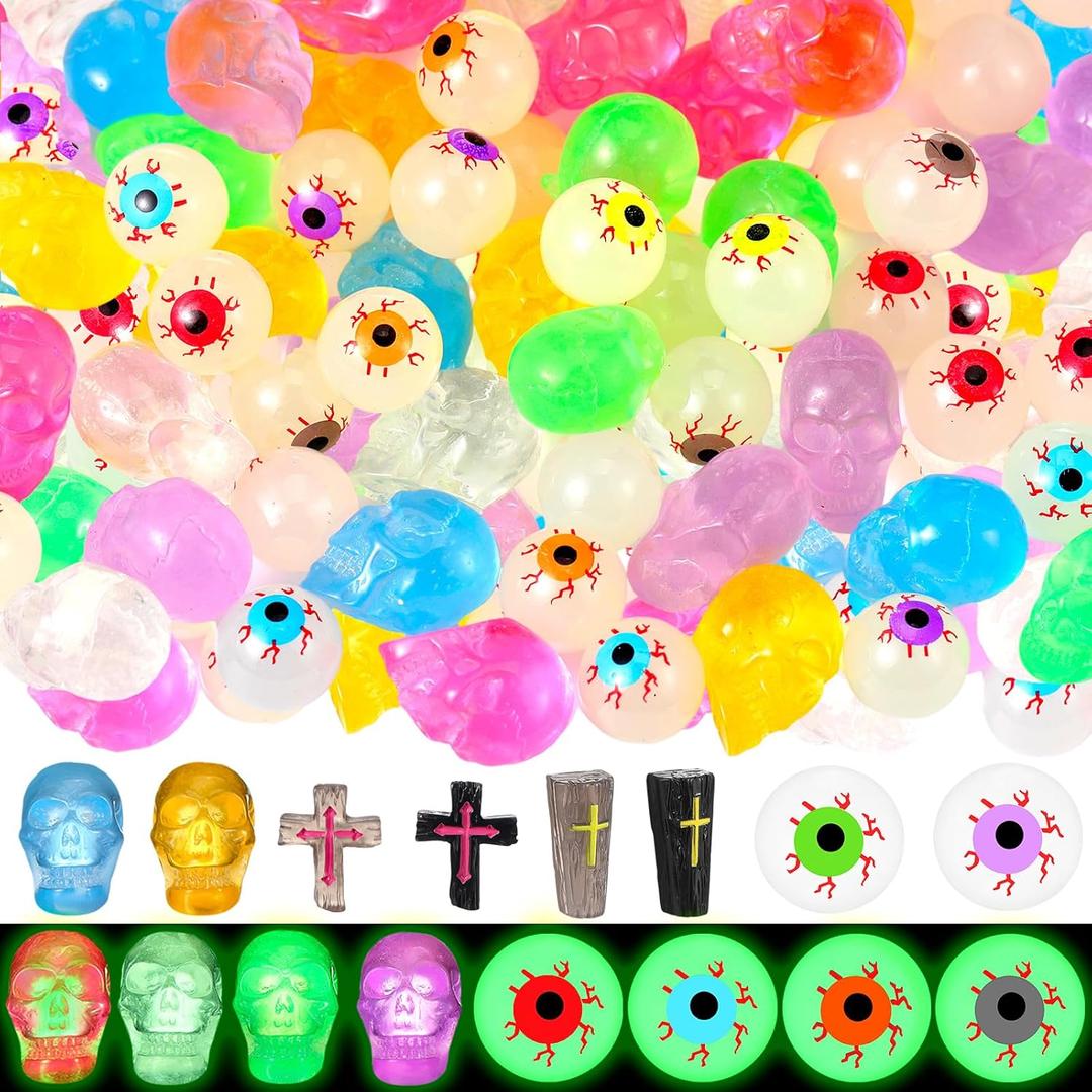 120 Pcs Halloween Luminous Mini Resin Eyeballs Bulk Small Resin Skull Tiny Cross Figurine Small Coffin Statue Miniature Decor for Halloween Party Fun Prank Party Favors Accessories