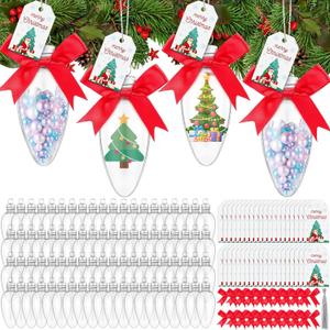 Shappy 84 Pcs Christmas Fillable Clear Plastic Bulb Shape Ornaments Set Including Christmas Tags, Cute Bows, Silver Strings and Lids for Candy DIY Crafts Tree Party Decorations