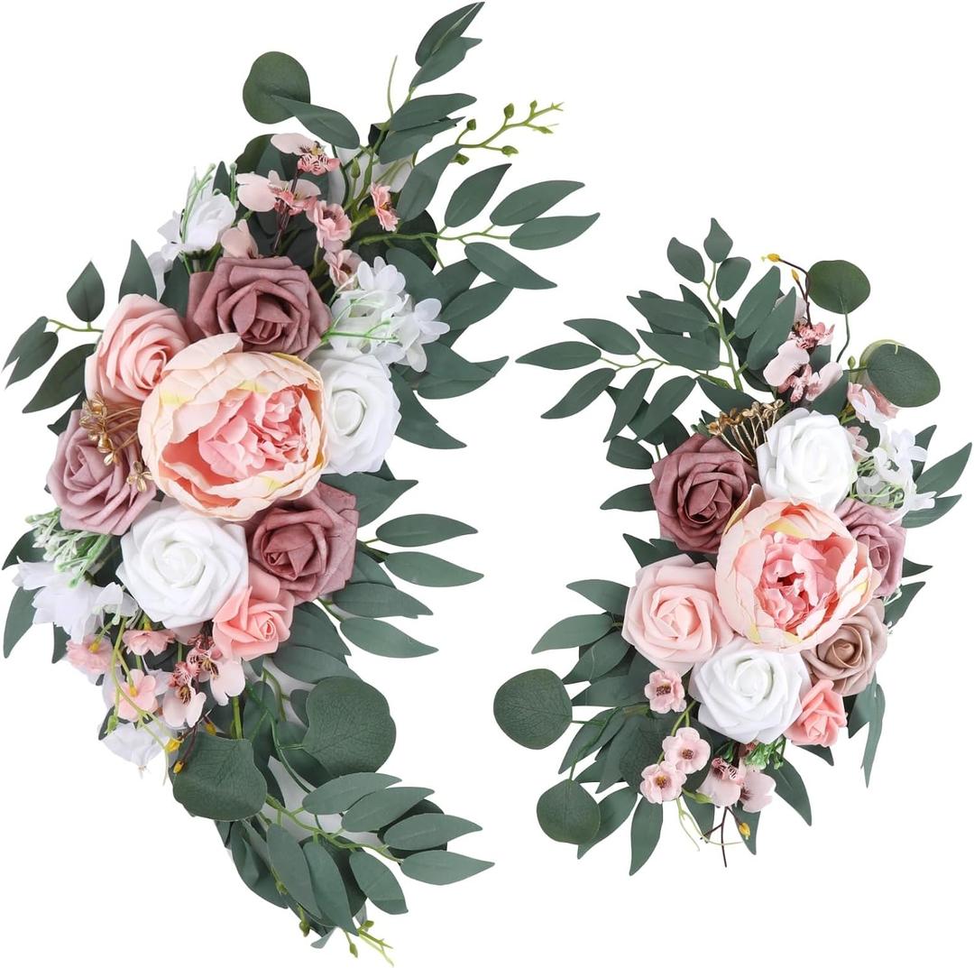 2 Pcs Wedding Arch Flowers Set, Large 23.6 in & Small 15.7 in Artificial Floral Swag for Outdoor Wedding Decorations, Pre-Assembled for Easy Installation, Polyester Flowers for Longevity (Rose)