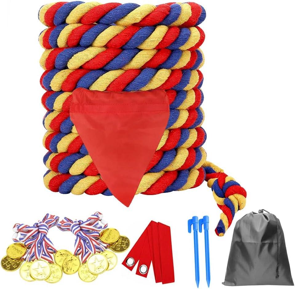 60 Feet Tug of War Rope for Kids and Adults, Outdoor Games Summer Outdoors Yard Backyard Camping Lawn Games for Field Day Family Reunion Birthday Party Team Building Activities Carnival Games-Colours (Blue&red&yellow)