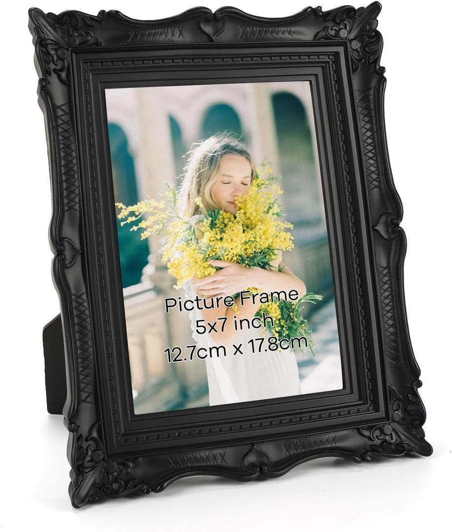 PHAREGE 5x7 Vintage Picture Frame Black, 5 by 7 Ornate Antique Picture Frame for Wedding, Retro Photo Frame Displays Horizontally or Vertically On Tabletop