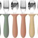 6 Pack Toddler Utensils, kids Silverware with Silicone Handle, 18/8 Stainless Steel Children Safe Spoons and Forks Set Baby Feeding Essentials, Dishwasher Safe (Pink)