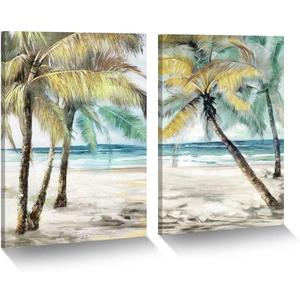 ArtSquare Tropical Beach Canvas wall art: 2 Pieces Coastal Palm Tree Painting Abstract Seaside Wave Seascape Artwork Heavy Textured Seashore Skyline Prints Modern Ocean Shoreline Pictures for Bedroom, 18"x24"x2PCS