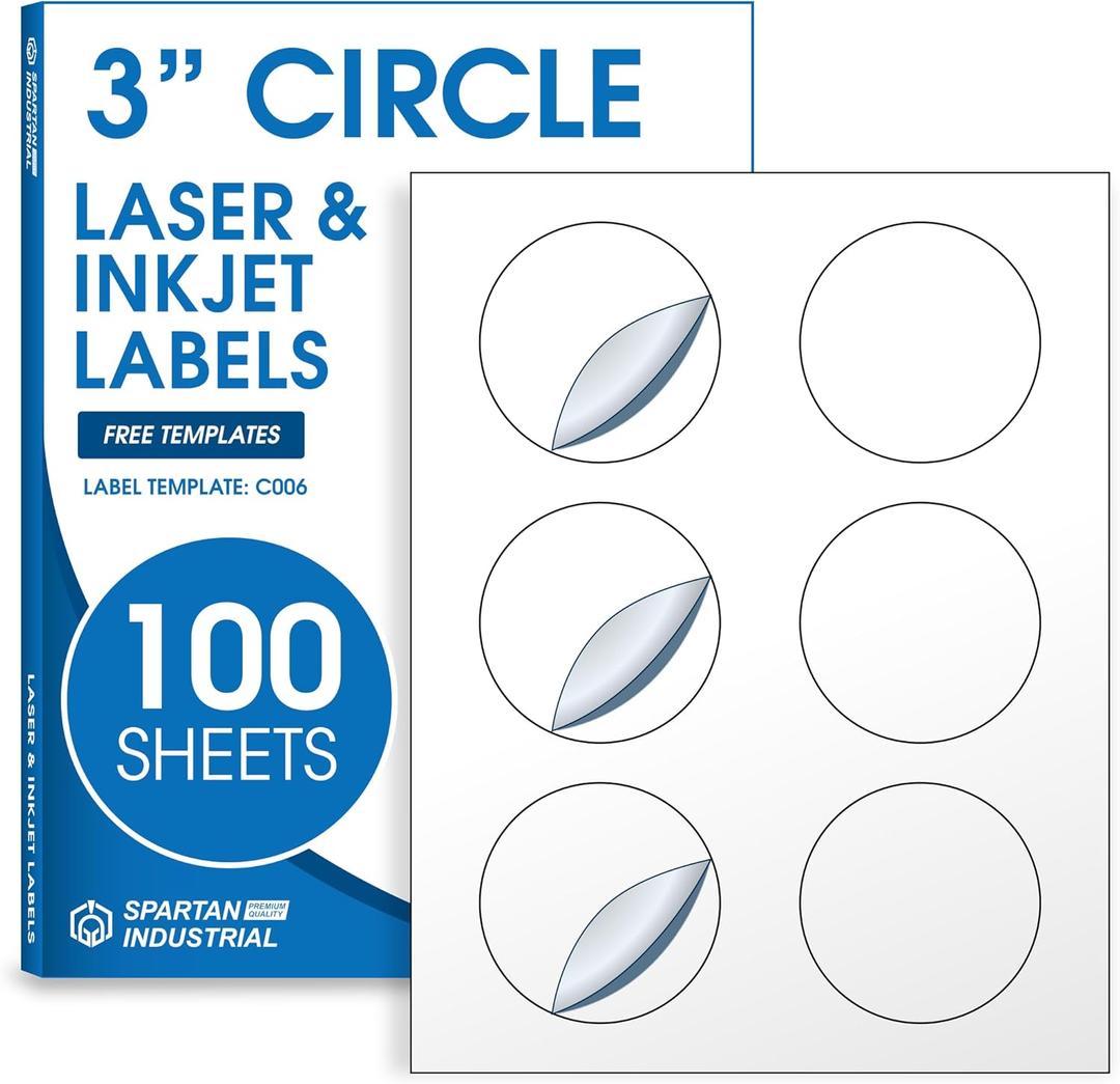 3" Circle Printable Labels Compatible with Inkjet and Laser Printers - 100 Sheets, 600 Matte White Round Stickers for Product Labeling, Organizing, and Custom Tags - Spartan Industrial Template C006