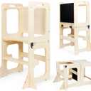 Asweets 4 in 1 Toddler Learning Standing Tower, Toddler Step Stool Table Combo, Wooden Kitchen Step Stool for Toddlers with Chalkboard, Anti-Slip Protection, Ideal Helping Tower for Toddlers