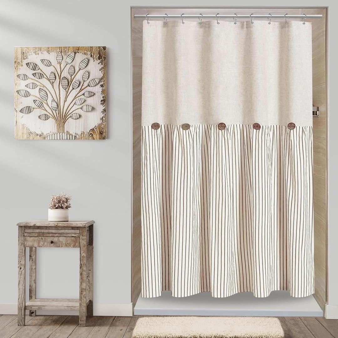 Awellife Farmhouse Beige Shower Curtain Button Linen Textured Woven Fabric,Pleated Beige Stripe,Country Style,60" W x 72" L