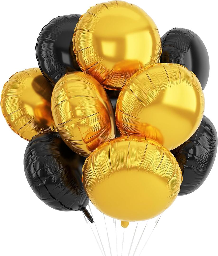 20PCS Gold Black Round Shaped Balloons, 18 Inch Round Foil Balloon, Round Aluminum Giant Helium Balloon For Birthday New Year Party Retirement Ceremony Wedding Graduation Anniversary Decorations