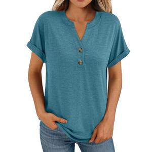 AUTOMET Women's Short Sleeve Shirts Henley Dressy Casual Summer Tops 2026 Spring Fashion Blouses Trendy Cute T-Shirts Business Work Outfits Clothes Bluegreen, Size L