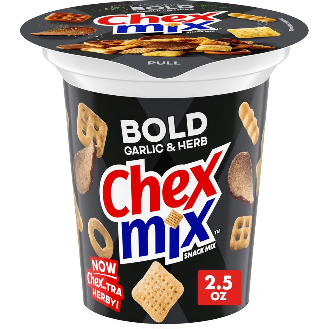 8 x Chex Mix Bold Garlic and Herb Snack Mix, Snack Cup, 2.5 oz (EXP 08/18/26)