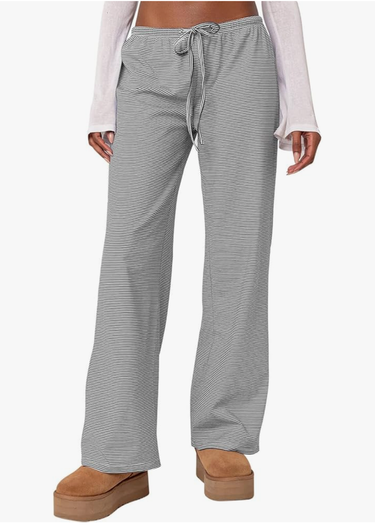 Forever 21 by Shein Women's Wide Leg Striped Pants Casual Drawstring Elastic Low Rise Pajama Pants Lounge Wear Trousers Medium