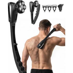 Electric Back Shaver for Men, Long Handle for Easy Self Grooming, 6D Floating Head Back Hair Trimmer for Close, Contour-Fit Shaving, 2-in-1 Full Body Shaver, LED Display, IPX6 Waterproof, Silver Black