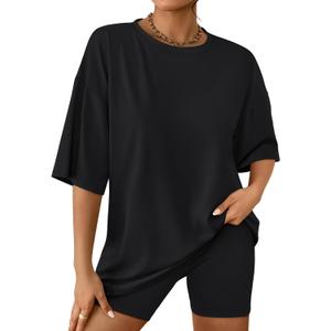 AUTOMET Womens 2 Piece Sets Summer Outfits 2026 Two Piece Lounge Set Matching Clothing Oversized T-shirts Biker Short Fashion (Black) Medium 