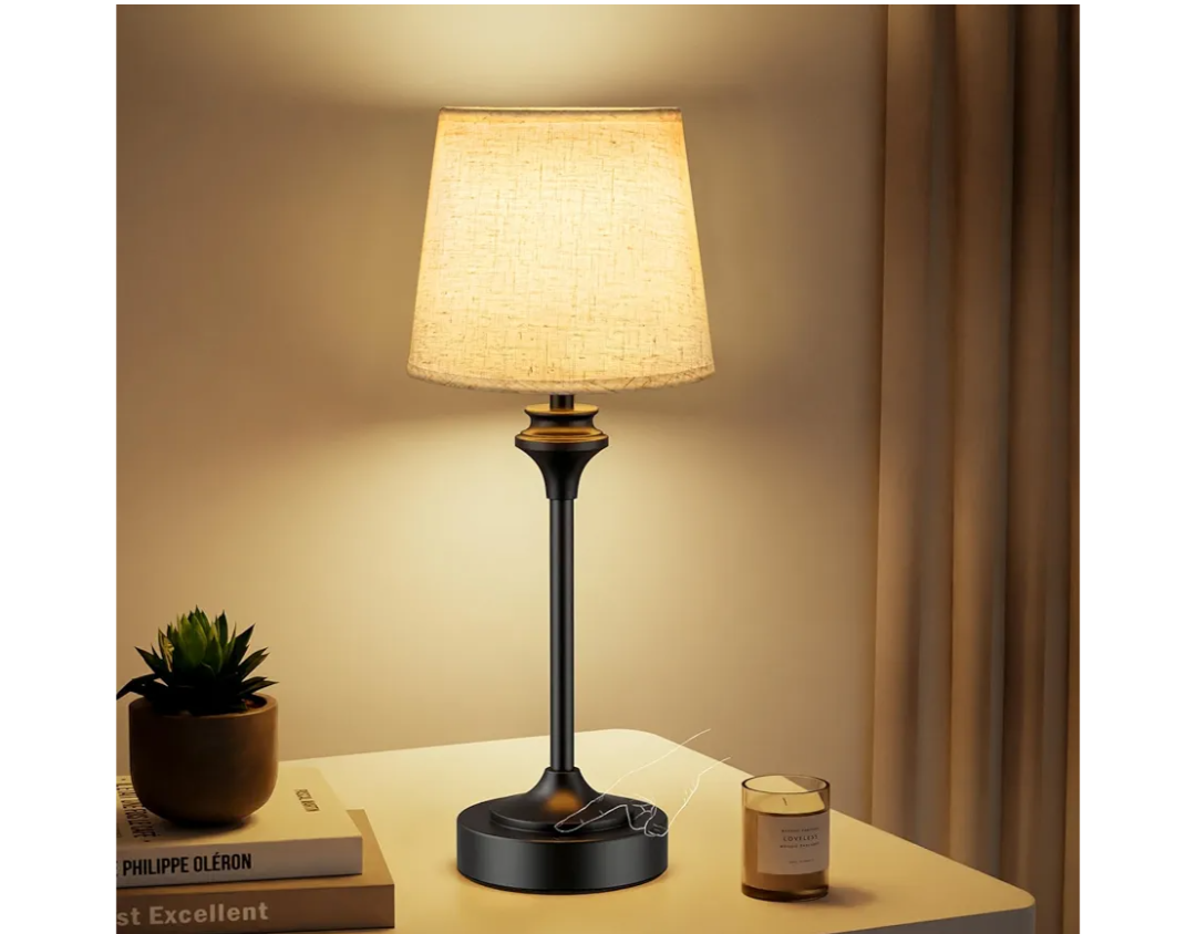 NIORSUN Portables Cordless Table Lamp,Flaxen Fabric Shade Battery Operated Lamp,5200mAh Bedside Table Lamp with Warm White,3 Way Dimmable Touch Desk Lamp for Bedroom Living Room Restaurant (Black)