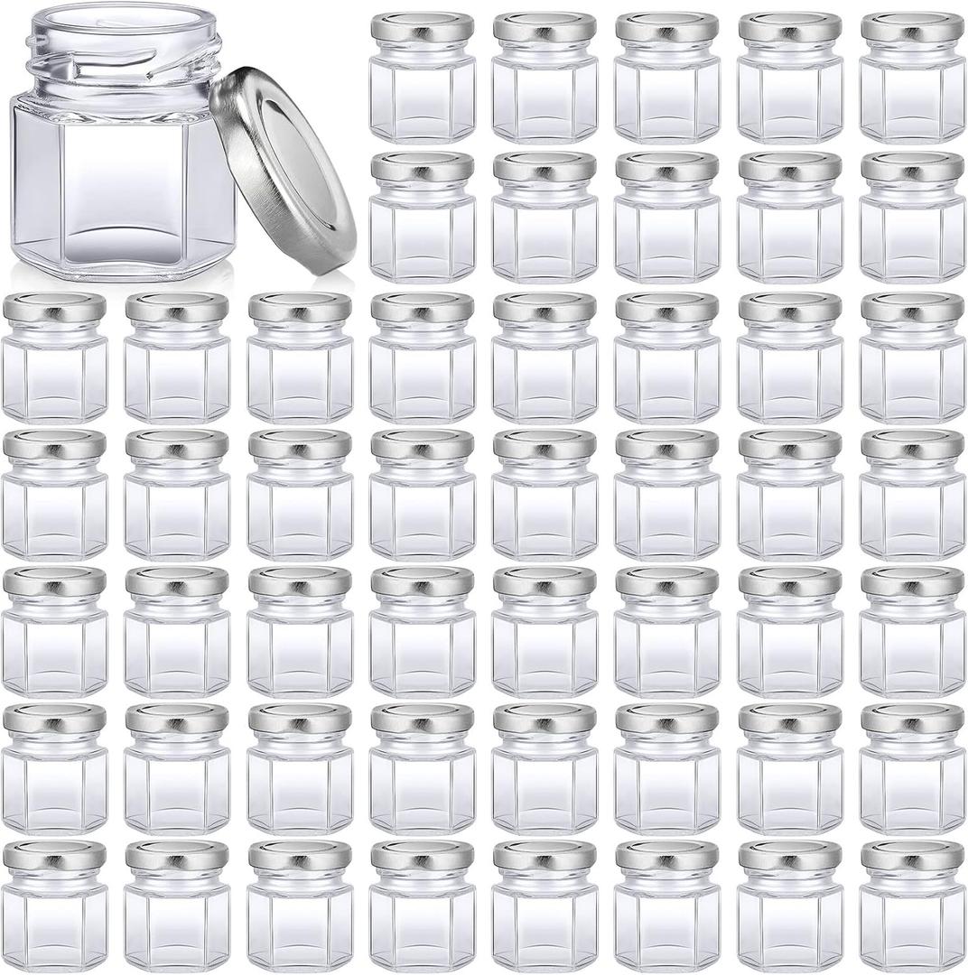 Nuogo 100 Pack 1.5oz Mini Hexagon Glass Jars Bulk for Wedding Small Honey Jars with Lids for Spice Canning Mason Gifts Candy Honey Wedding Party Favors DIY Crafts(Silver)