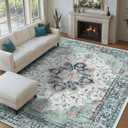 Area Rugs 9'x12' Washable Non-Slip, Floral Vintage Distress Print Pattern Medallion Carpet for Living Room Bedroom Dining Room, Green Navy Blue White Red Teal Colorful