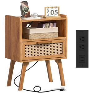 Lerliuo Rattan Nightstand with Charging Station, Side Table with Drawer, Cane Accent Bedside End Table with Solid Wood Legs, Night Stand for Bedroom, Dorm and Small Spaces (Tea Brown) (1 pack)