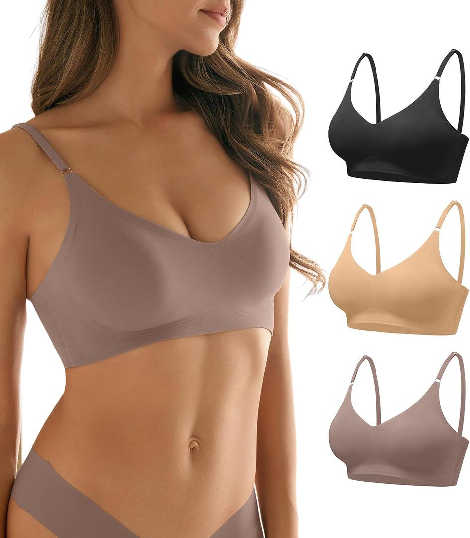 DEANGELMON V Neck Bra Padded Seamless Adjustable Straps Bralettes Everyday Basic Sleeping Bras Multiple Pack (Black, L)