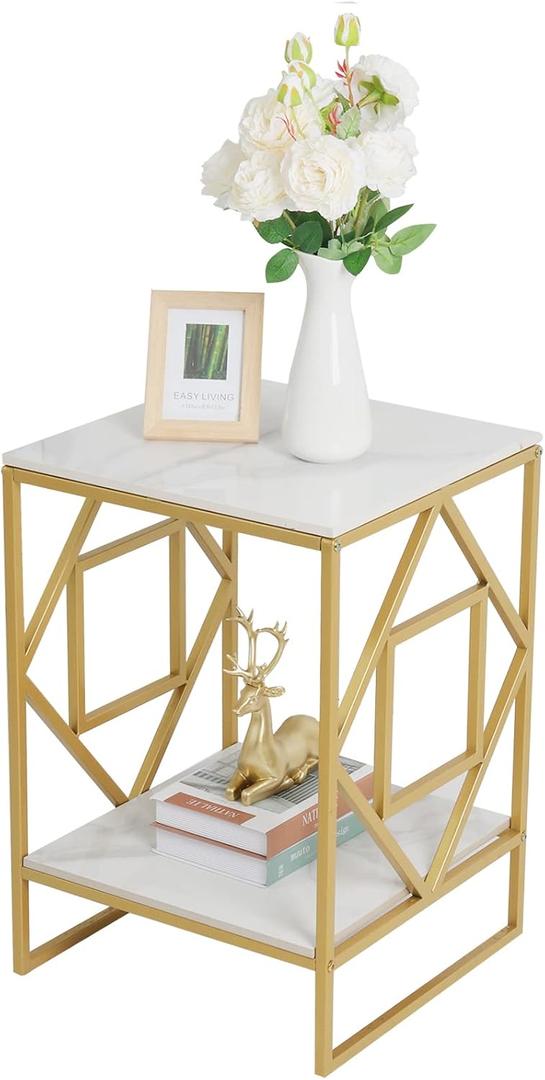 Wisfor Sintered Stone End Table: 2 Tier Square White Small Coffee Table with Gold Frame - Modern Sofa Storage Side Table - Bedside Nightstand for Living Room Bedroom