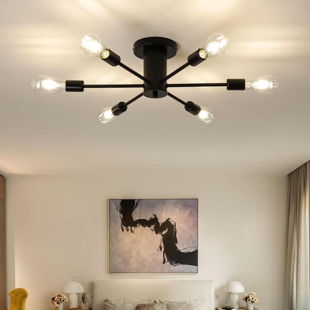 6-Lights Semi Flush Mount Ceiling Light, Matte Black Close to Ceiling Lighting with E26 Base, Modern Sputnik Light Fixtures for Living Room Bedroom Kitchen Dining Room