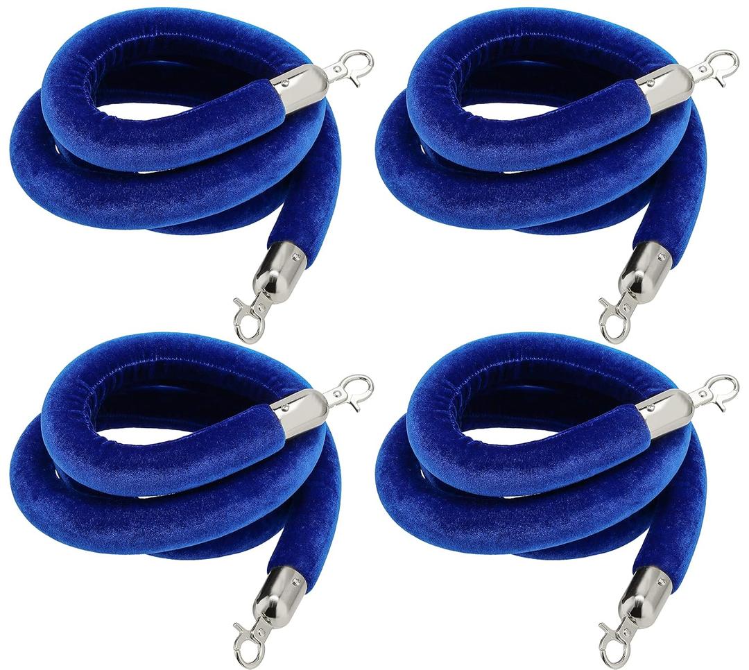 JAPCHET 4 Pack 6.6 Feet Velvet Rope, Blue Velvet Stanchion Rope with Silver Polished Hooks, Crowd Control Queue Line Barrier Rope Hanging Ropes for Hotels, Movie Theaters (6.6 Feet Blue)