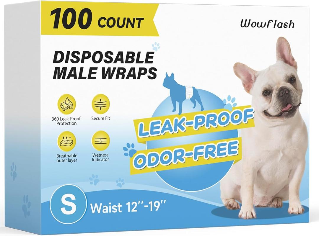 Wowflash 100 Count Dog Belly Bands for Male Dogs, Male Dog Diapers Disposable, Leakproof Dog Wraps with Wetness Indicator, Breathable Quick-Dry, Secure Fit for Doggy Puppy Training, Small