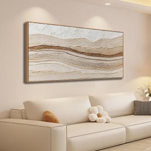 Sorbrozo Abstract Textured Wall Art 20x40 Inch Framed Neutral Beige and Gold Wavy Landscape Canvas Print Modern Decor for Living Room Bedroom & Office