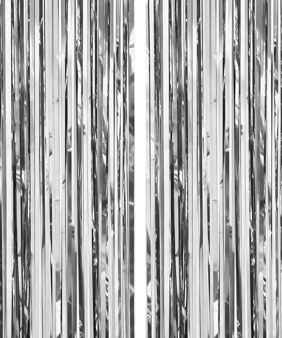 2 Pack 3.28x6.56 Feet Streamers Backdrop Foil Fringe Curtain Tinsel Party Decorations for Birthday Wedding Party Supplies Silver