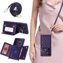 for Galaxy S25 Ultra Case with Card Holder and Strap for Women, Crossbody Lanyard, Make Up Mirror, Ring Stand, Snap Clasp, Cute Phone Wallet Cases 6.9 inch - Deep Purple