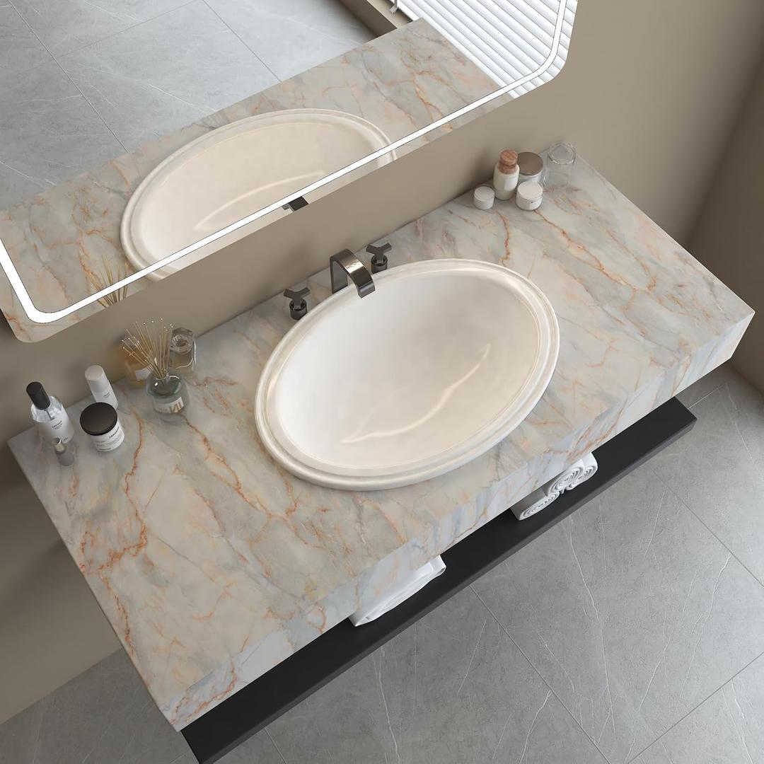 4 x 16"197" Thick Blue Gold Marble Wallpaper Peel and Stick Waterproof Glossy Textured Marble Contact Paper for Countertops Vinyl Wrap Removable Faux Granite Wall Sticker for Backsplash Bathroom