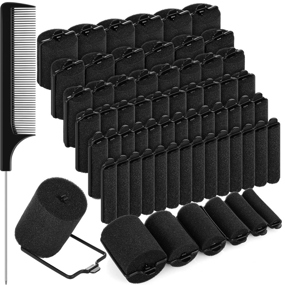 Syhood 56 Pcs Foam Sponge Hair Rollers 6 Sizes Soft Sleeping Curlers Flexible Sponge Curler Tool Rat Tail Comb for Long Short Hair Styling(Black)