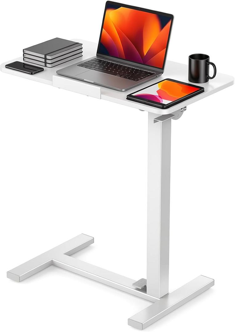 DUMOS Overbed Table with Wheels, Height-Adjustable Bedside Table, White, 27.55*15.75*42.52inch
