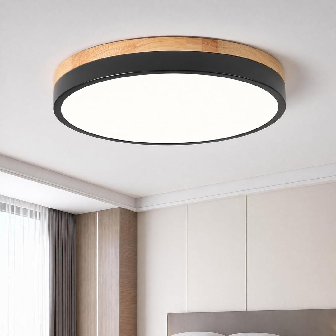 Modern Wood Black Flush Mount Ceiling Light, 11.81" Round LED Low Profile Close to Ceiling Fixture for Kitchen Bedroom Bathroom Laundry Hallway Entryway Closet Living Room
