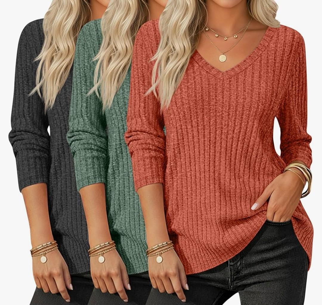 3 Pack Women's Long Sleeve Sweaters V Neck Curved Hem Tunic Tops Loose Fit Casual Basic Fall Sweaters Shirts (XL, Dark Gray, Green, Caramel)