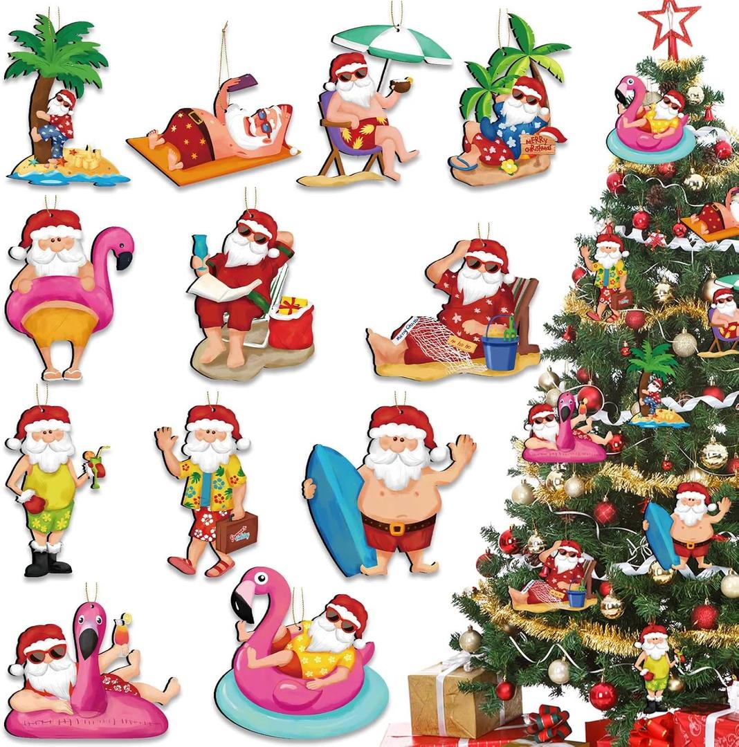 Amyhill 36 Pieces Beach Christmas Ornaments for Tree Beach Santa Holiday Decorations Wooden Santa Palm Tree Tropical Flamingo Boat Surfboard Hanging Ornaments for Christmas Decor