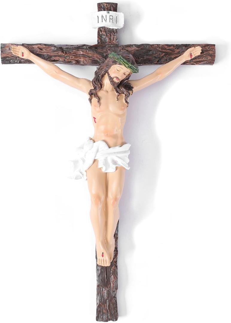 Crucifix Wall Cross - 16 Inch Hand Painted Jesus Christ Statues Resin Catholic Wall Decor for Inspirational Home, Altar, Living Room, Religious Gifts, 16.1"L x 10.6"W