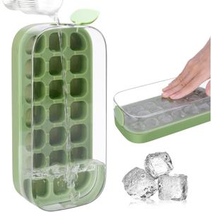 Ice Cube Tray with Lid and Bin 21 Pcs Quick-Fill Ice Cube Mold for Freezer Easy Press to Release Green No-Touch Ice Tray
