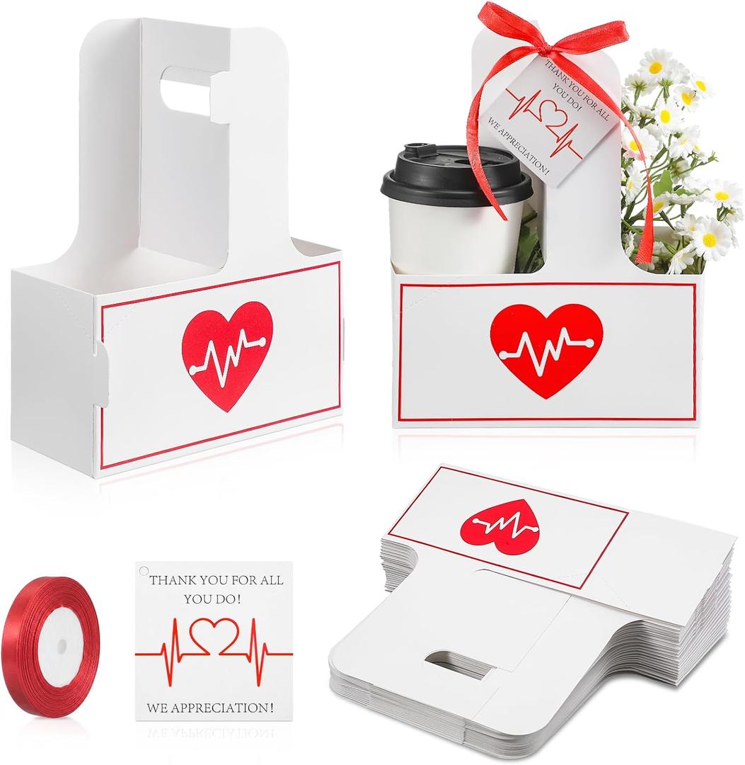 2 x Faccito 24 Set Nurse Appreciation Gifts 2-Cup Drink Carrier with Handle Holiday Kraft Paper Coffee Cup Holder, Include Greeting Card & Ribbon for Thank Nursing Assistant Graduates Party Favors