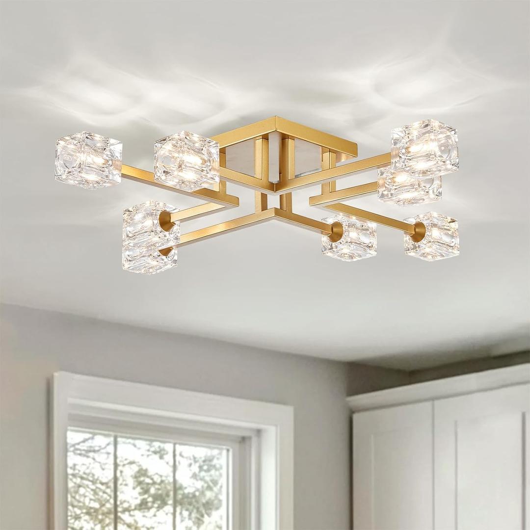XINGQI Gold Modern Sputnik Chandelier Farmhouse Ceiling 8 Lights Industry Semi Flush Mount Ceiling Light Fixture, Mid Century for Dining Room, Farmhouse Kitchen, Bedroom, Office