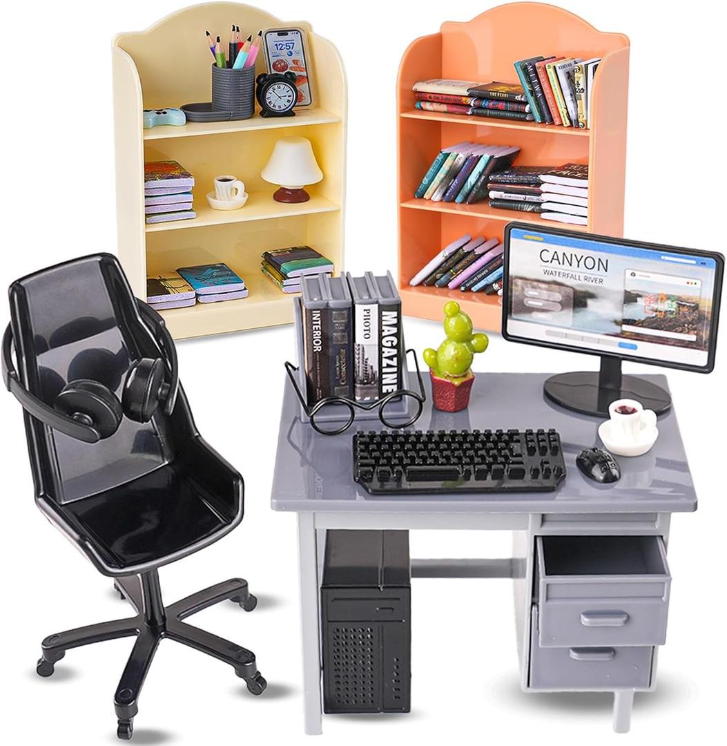 1:12 Scale Mini Office Desk Set Including Mini Computers Desks Computer Accessories Storage Racks Books Desk Lamps Glasses Headphones Mobile Game Controllers Etc Suitable For Displaying Ideal Gifts